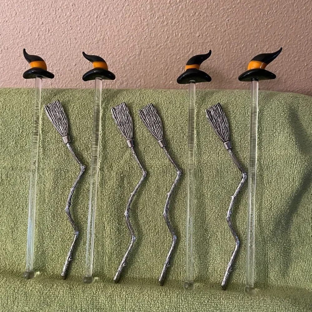 Blown Glass Witch Hat Stir Sticks Metal Broom Stir Sticks lot of 8!